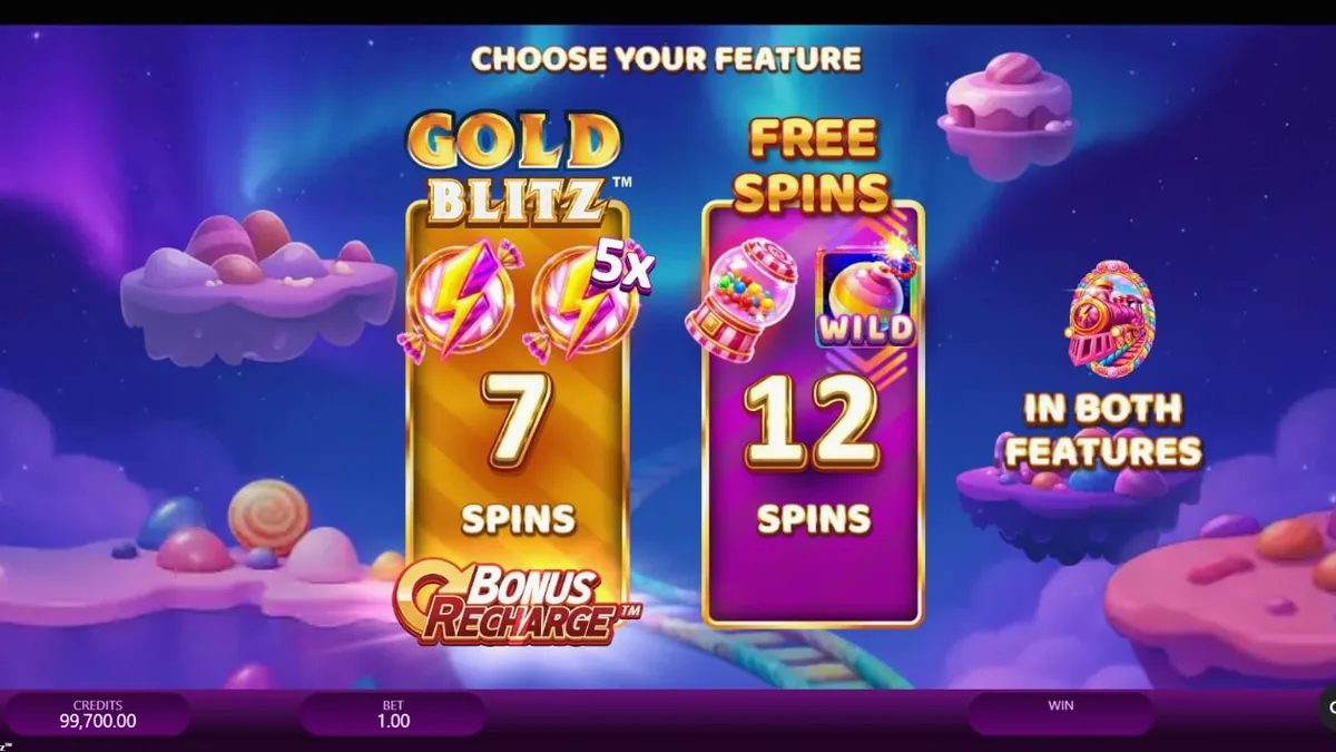 Kereta emas melaju di atas rel dalam permainan slot Candy Express Gold Blitz
